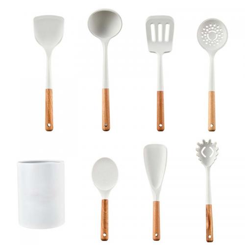 Fornecimento de fábrica 12 peças conjunto de utensílios de cozinha de silicone cabo de madeira branco marmoreado
